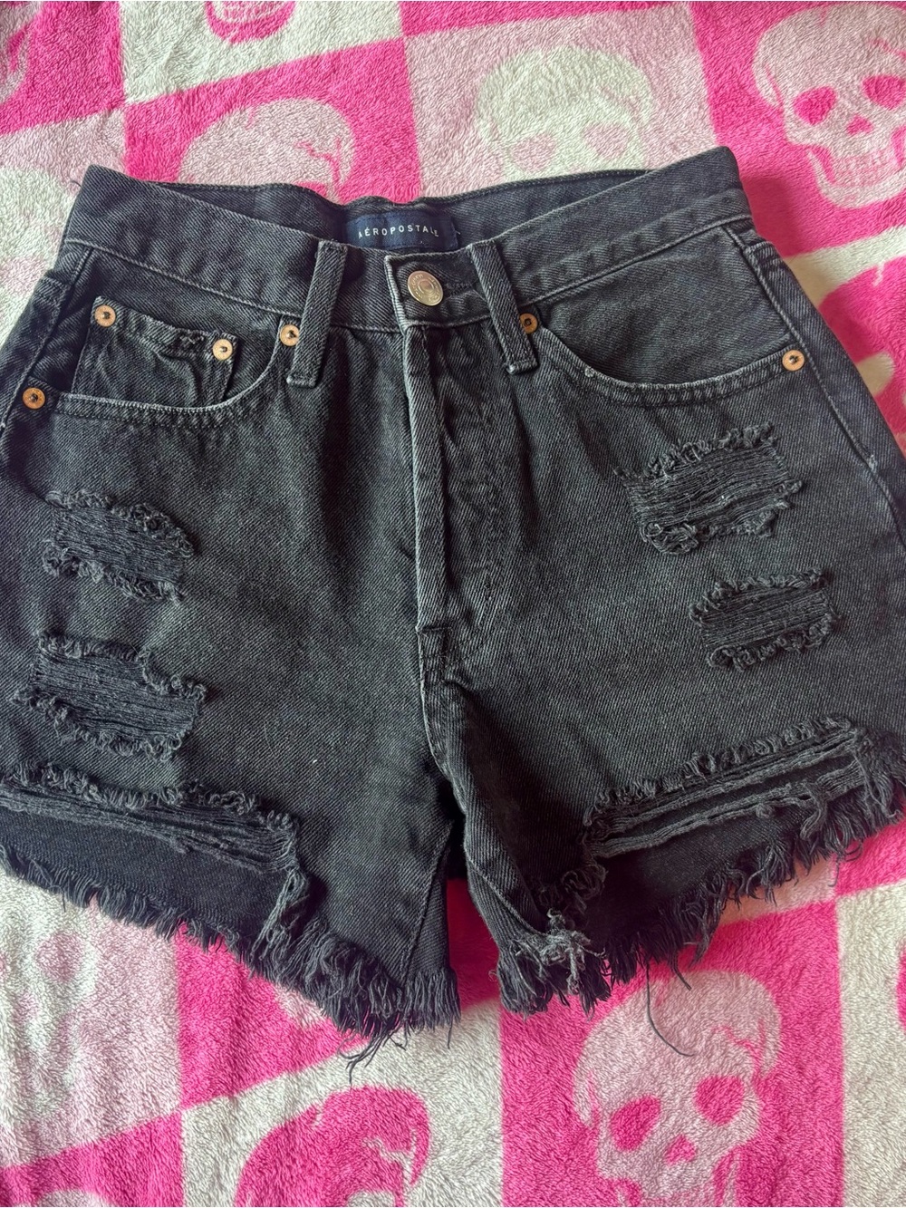Aeropostale Women's Black Distressed 90s High Rise Denim Shorts